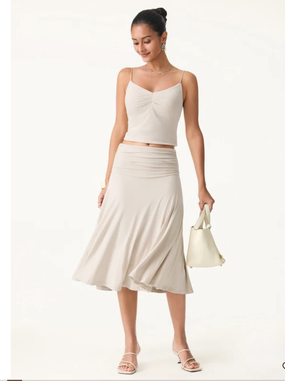 OGL Cream Ruched Waist Flared Midi Skirt